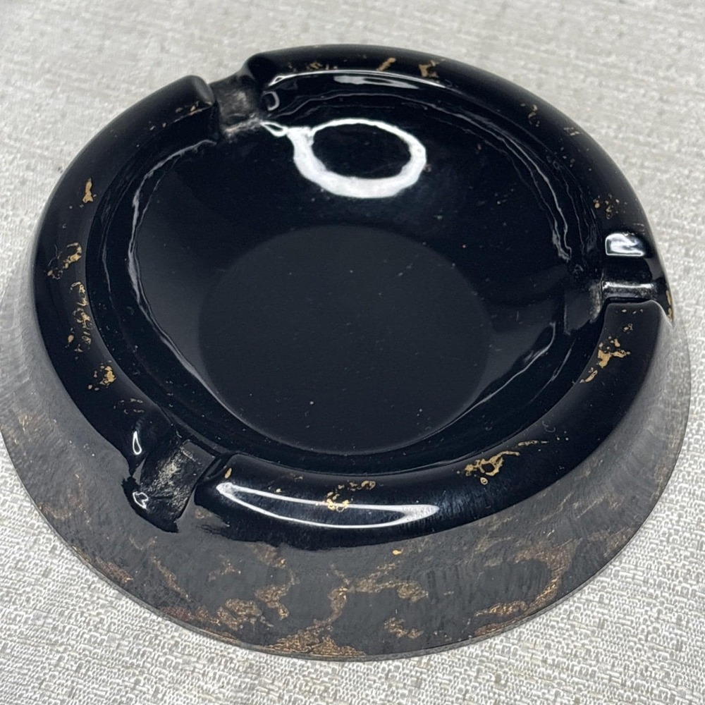 Vintage Viking Glass Ashtray Black Gold Splatter Mid Century Modern MCM Amethyst